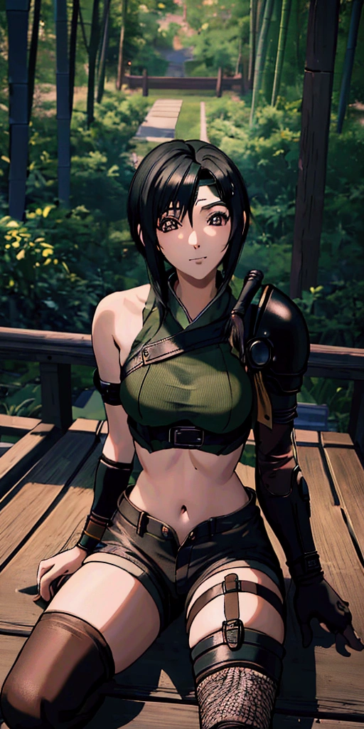 (((masterpiece))),((Highest quality、masterpiece、anime style、best quality、high resolution、8k、detailed、ultra-detailed:1.3)),(((Beautiful one woman:1.3))),((yuffie kisaragi,Black Hair、Shortcuts,Beautiful Eyes:1.3)), headband, green crop top, shoulder armor, armguard, fingerless gloves, tan shorts, single thighhigh, fishnets, upper body, looking at viewer, furrowed brow, smug smile, closed mouth, grass, bamboo, sky,sexy pose,outdoor,Daytime