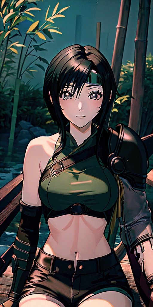 (((masterpiece))),((Highest quality、masterpiece、anime style、best quality、high resolution、8k、detailed、ultra-detailed:1.3)),(((Beautiful one woman:1.3))),((yuffie kisaragi,Black Hair、Shortcuts,Beautiful Eyes:1.3)), headband, green crop top, shoulder armor, armguard, fingerless gloves, tan shorts, single thighhigh, fishnets, upper body, looking at viewer, furrowed brow, smug smile, closed mouth, grass, bamboo, sky,sexy pose,outdoor,Daytime