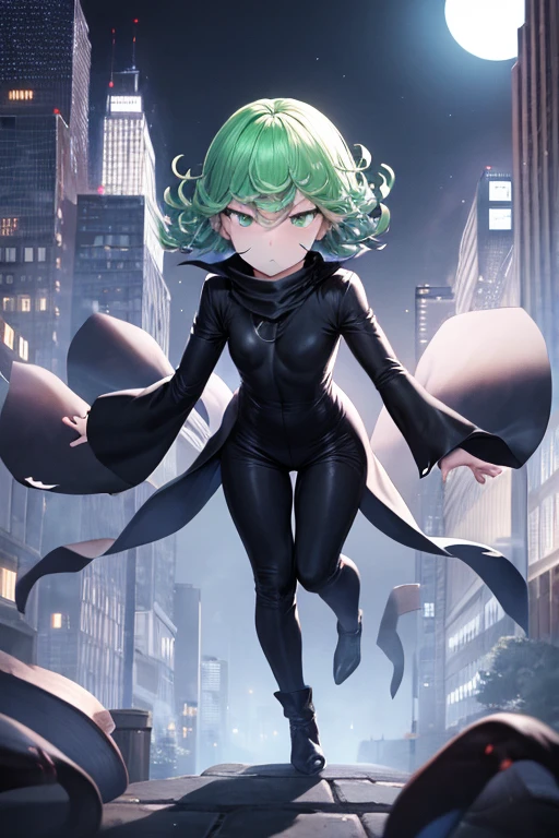 Masterpiece, best quality, ultra detailed, illustration, lighting epic, cinematic composition, 1 girl, Tatsumaki, short hair, green hair, very small breasts, green eyes, bright eyes, pouting, blushing, closed mouth, piercing gaze, full body, black scarf, bandage covering his mouth, eyes that glow white, 1 scratch on his right eye, pointy hood, torn black coat that covers everything, baggy sleeves, tall, thin, torn sleeves, white marks on his coat in a zig zag pattern, black fingers, black wristbands with white circles, black tentacles coming out of his coat, warlock, brooch with an eye symbol on his coat, claws, black baggy pants, black boots, floating through the city, floating books, city background, night, anime