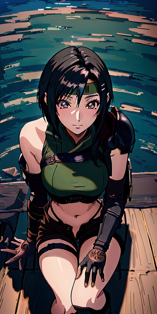 (((masterpiece))),((Highest quality、masterpiece、anime style、best quality、high resolution、8k、detailed、ultra-detailed:1.3)),(((Beautiful one woman:1.3))),((yuffie kisaragi,Black Hair、Shortcuts,Beautiful Eyes:1.3)), headband, green crop top, shoulder armor, armguard, fingerless gloves, tan shorts, single thighhigh, fishnets, upper body, looking at viewer, furrowed brow, smug smile, closed mouth, grass, bamboo, sky,sexy pose,outdoor,Daytime