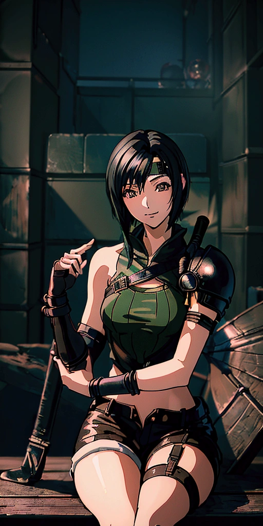 (((masterpiece))),((Highest quality、masterpiece、anime style、best quality、high resolution、8k、detailed、ultra-detailed:1.3)),(((Beautiful one woman:1.3))),((yuffie kisaragi,Black Hair、Shortcuts,Beautiful Eyes:1.3)), headband, green crop top, shoulder armor, armguard, fingerless gloves, tan shorts, single thighhigh, fishnets, upper body, looking at viewer, furrowed brow, smug smile, closed mouth, grass, bamboo, sky,sexy pose,outdoor,Daytime