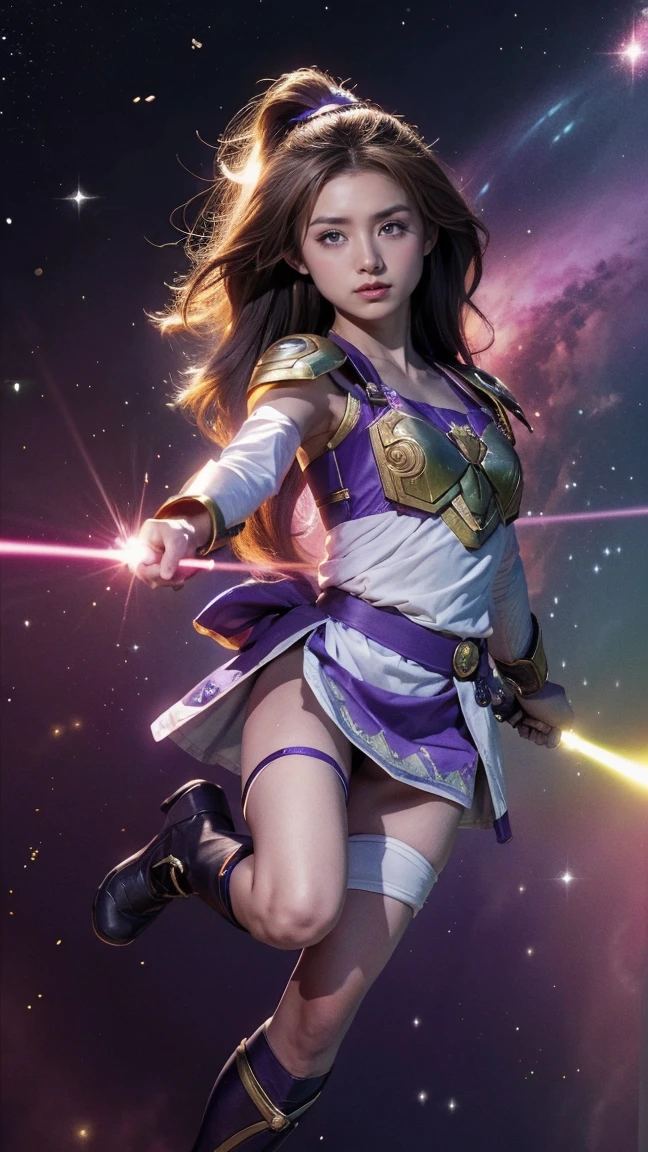 (1girl) inconceivable and spectacular an emergency scene of a cloud figure Sophie Turner in a 宇宙の cloud, フラクタルnebula連鎖, Space Goddess,Embodying the Purple Ray of Courtesy, 8k、Black Hair、A goddess in purple armor with gold trim、White Skirt、White boots、Holding a small knife、Multi-stage laser light、Level division、nebula、The power to select stars、High pass filter、Emitting energy through a prism、Valkyrie