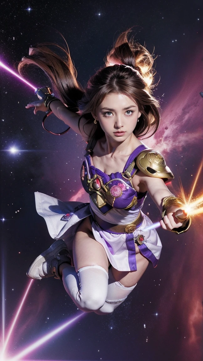 (1girl) inconceivable and spectacular an emergency scene of a cloud figure Sophie Turner in a 宇宙の cloud, フラクタルnebula連鎖, Space Goddess,Embodying the Purple Ray of Courtesy, 8k、Black Hair、A goddess in purple armor with gold trim、White Skirt、White boots、Holding a small knife、Multi-stage laser light、Level division、nebula、The power to select stars、High pass filter、Emitting energy through a prism、Valkyrie