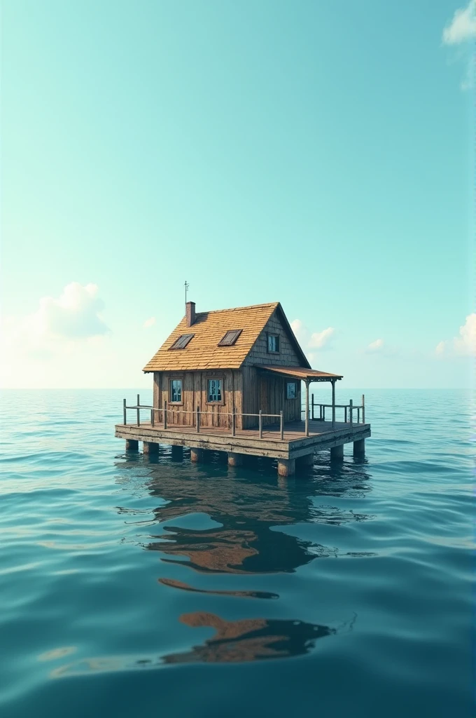 Wooden house on top of a floating platform adrift at sea