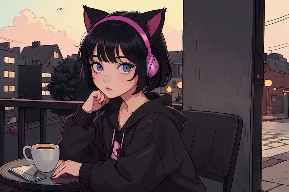 A girl with short black hair and cat ears, wearing dark clothes,with shiny hair with a relaxing atmosphere. night,coffe ,walk street, She is a little further away, with a view of her from the waist up, listening to music, and the detailed and vibrant colors, reflecting an 80s and 90s anime aesthetic, mixed with a touch of Fujifilm aesthetics. The girl has beautiful eyes, and the entire composition is in 4K, capturing the lofi aesthetic with a soft and tranquil atmosphere.