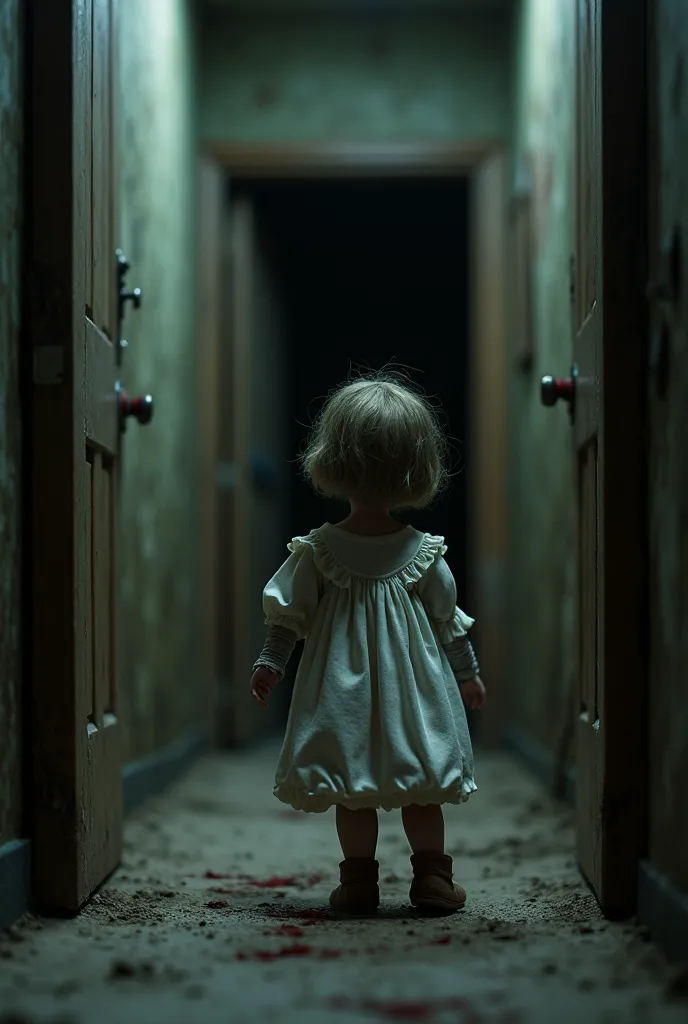 a very creepy porcelain miniature horror scene:1.5, a detailed and hyper-realistic scene, a highly detailed miniature scene of a child, a disturbing atmosphere, dramatic lighting, a melancholic and mysterious color palette, a dark and poorly lit abandoned house, Horror elements, a cinematographic composition, A photorealistic masterpiece.