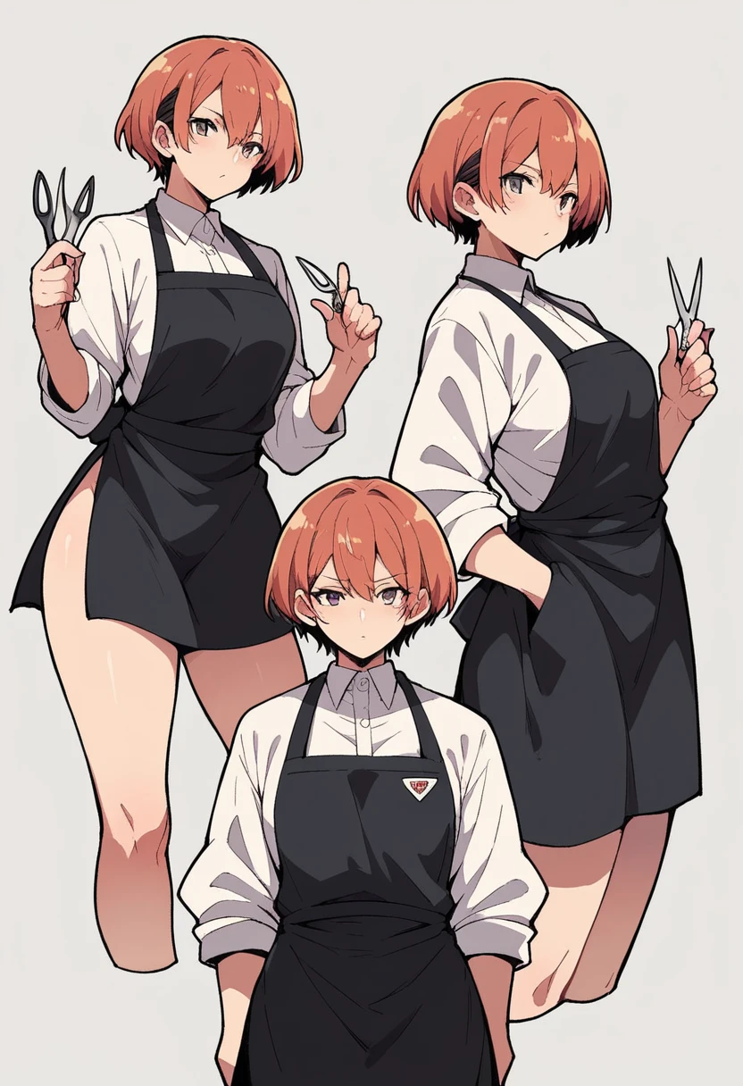 hairdresser , stylish hair, coat , black apron , 9 grids  , big ass. , scissors in hand , 9 emotion packs，9 poses and expressions，anime  style， h，Different emotions, wallpaper , 8K 