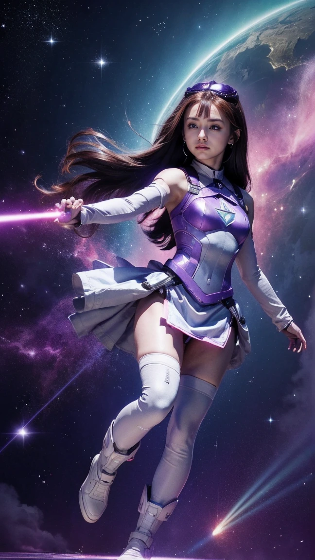 (1girl) inconceivable and spectacular an emergency scene of a cloud figure Sophie Turner in a 宇宙の cloud, フラクタルnebula連鎖, Space Goddess,Embodying the Purple Ray of Courtesy, 8k、Black Hair、A goddess in purple armor with gold trim、White Skirt、White boots、Holding a small knife、Multi-stage laser light、Level division、nebula、The power to select stars、High pass filter、Emitting energy through a prism、Valkyrie