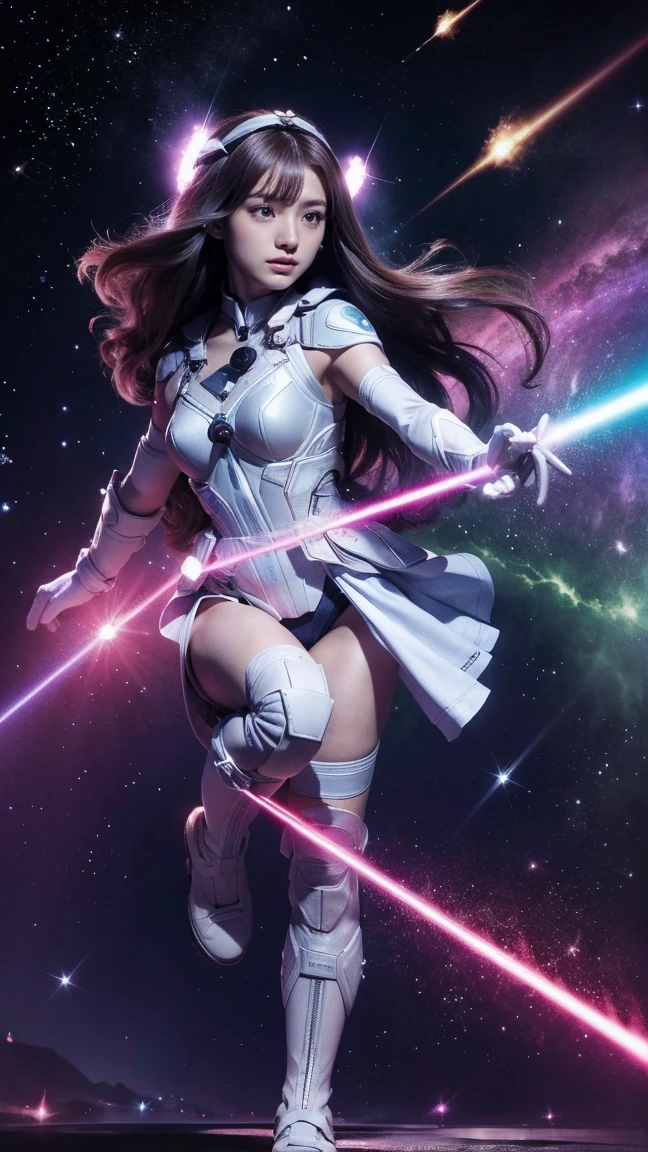 (1girl) inconceivable and spectacular an emergency scene of a cloud figure Sophie Turner in a 宇宙の cloud, フラクタルnebula連鎖, Space Goddess,Embodying the Purple Ray of Courtesy, 8k、Black Hair、A goddess in purple armor with gold trim、White Skirt、White boots、Holding a small knife、Multi-stage laser light、Level division、nebula、The power to select stars、High pass filter、Emitting energy through a prism、Valkyrie