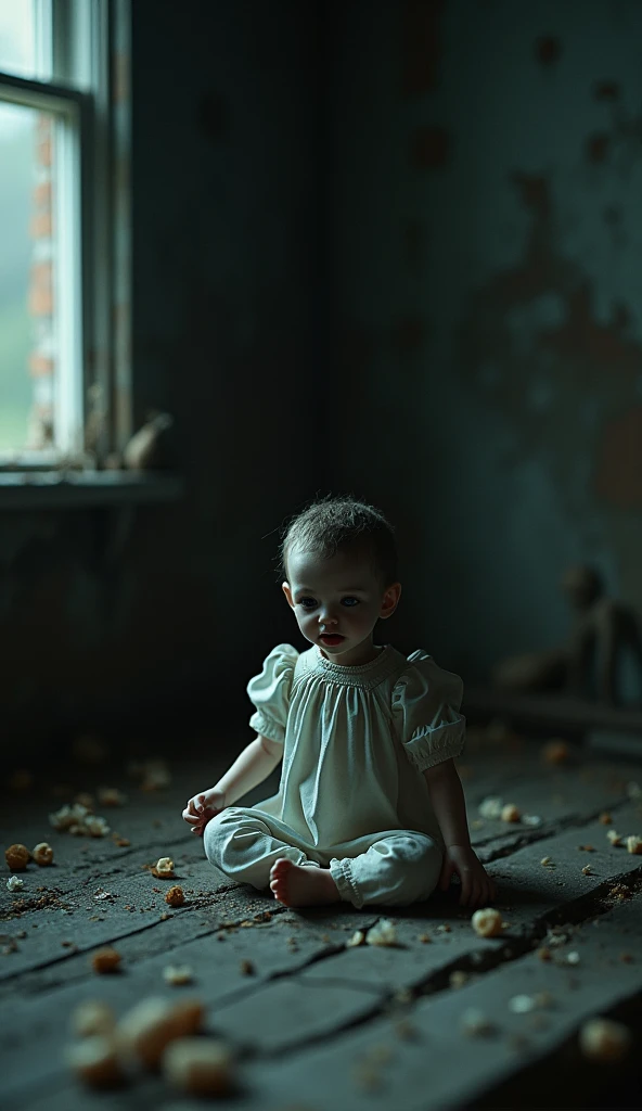 a very spooky porcelain miniature horror scene darkness:1.5, a detailed and hyper-realistic scene, a highly detailed miniature scene of a child, a disturbing atmosphere, dramatic lighting, a melancholic and mysterious color palette, a dark and poorly lit abandoned house, Horror elements, a cinematographic composition, A photorealistic masterpiece.