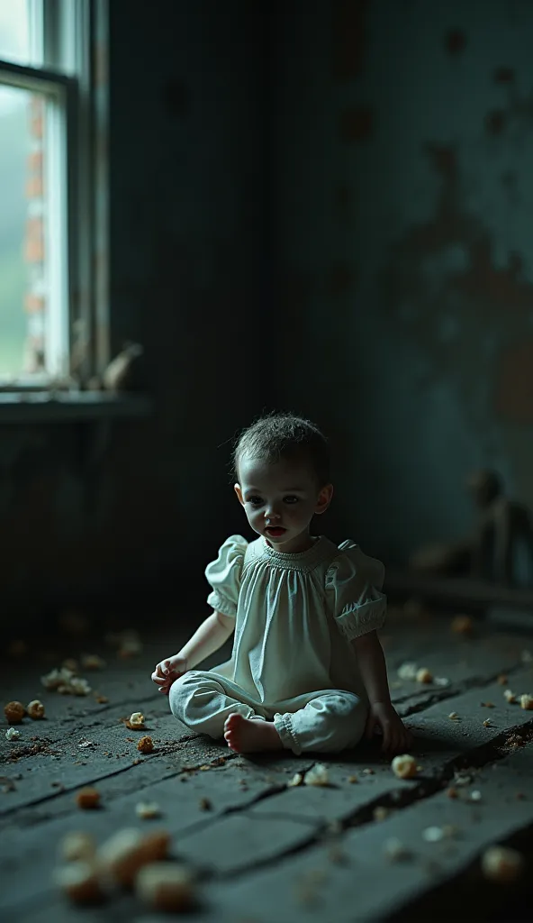 a very spooky porcelain miniature horror scene darkness:1.5, a detailed and hyper-realistic scene, a highly detailed miniature scene of a child, a disturbing atmosphere, dramatic lighting, a melancholic and mysterious color palette, a dark and poorly lit abandoned house, Horror elements, a cinematographic composition, A photorealistic masterpiece.