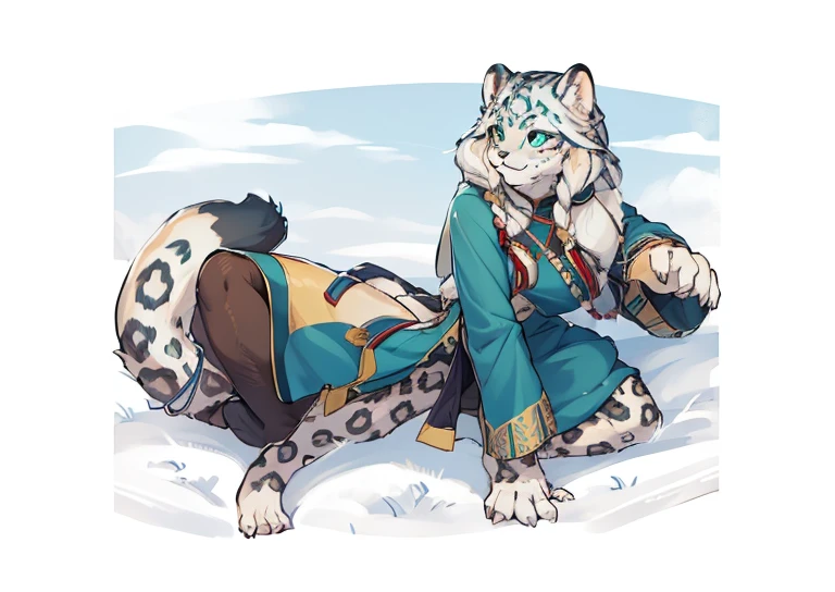 High resolution, top quality, best quality, Paid rewards available,, illustration, hairy, mammal,snow leopard personification，woman，whole body，tibetan style，Hiding jewelry，Dark blue clothes，，清澈的Sky空, movie lighting, Sky, sunny Sky,，grassland， horizon background,(Snow Leopard Fur:1.1,hairy質感:1.2), (Natural background:1.1,高地grassland:0.9), (Soft natural light:1.1), (Detailed facial features:1.1,expressive eyes:1.2), (calm and serene expression:1.1), (Flowing and layered clothing:1.1), (Gorgeous and intricate accessories:1.1), Fine hairs, exquisite eyes, anime style illustration, whole body 雪豹, Animal ears, Tail, Body hair, 1 名woman孩, whole body, 1 名woman孩, alone, long hair, white hair, *//*, Green eyes, *//*, Dark blue Tibetan clothing，tibetan decoration，Determined eyes，hunter，Smile,