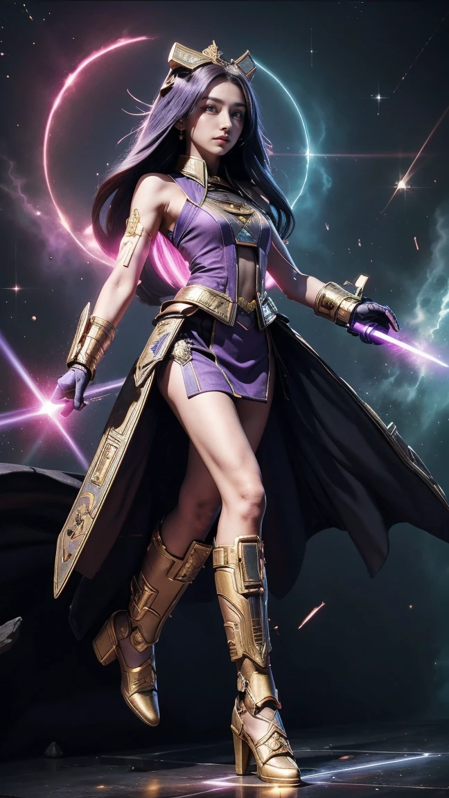 (1girl) inconceivable and spectacular an emergency scene of a cloud figure Sophie Turner in a 宇宙の cloud, フラクタルnebula連鎖, Space Goddess,Embodying the Purple Ray of Courtesy, 8k、Black Hair、A goddess in purple armor with gold trim、White Skirt、White boots、Holding a small knife、Multi-stage laser light、Level division、nebula、The power to select stars、High pass filter、Emitting energy through a prism