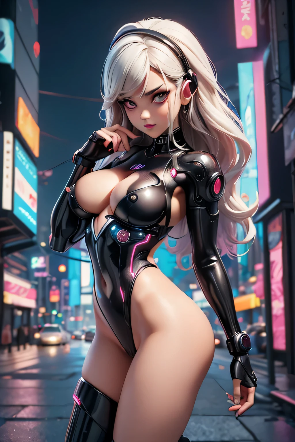 Create an image of (((fully body: 1.5))), high quality and extremely professional with the typical hentai manga illustration trend of artist Masahiro, using 8K resolution. The scene should be lit with a soft twilight light., providing a mystical and intriguing atmosphere. Use high-quality textures and realistic shadows for a stunning visual effect. Render the image with the Octane graphics engine in 3D Max or Blender to achieve a higher level of detail and realism. Image physics should have a balanced balance of black and white and use rendering sources for a polished finish. The image must be captured by the best current camera, uma Canon EOS R6 Mark II com lente RF 24-105mm f/4L IS USM, to ensure maximum sharpness and clarity. Model Description Black: ((julia paes: 1.5)), an old android: 1 Eyes: symmetrical, big teats, with long eyelashes (((Afro hair of various colors: 1,5))), gura: with lipstick, Soft Makeup Skin: Dark and Soft, with small discolored hairs Body: medium breasts, Waist slender, medium hip, heart shaped buttocks Style: Body trend Brazilian woman, ((She is dressed semi-nude in sexy Cyber Punk 2077 outfits : 1.5)), (Pose: Sensual looking at the camera with her sensual eyes: 1.5), with mouth slightly open and a sensual pose, Scenario : The background should be an external environment rich in detail and include, (((Cyberpunk City Center : 1.5))), but stylized so as not to overwhelm the model&#39;s attention. The environment should complement the twilight lighting and add depth to the composition..