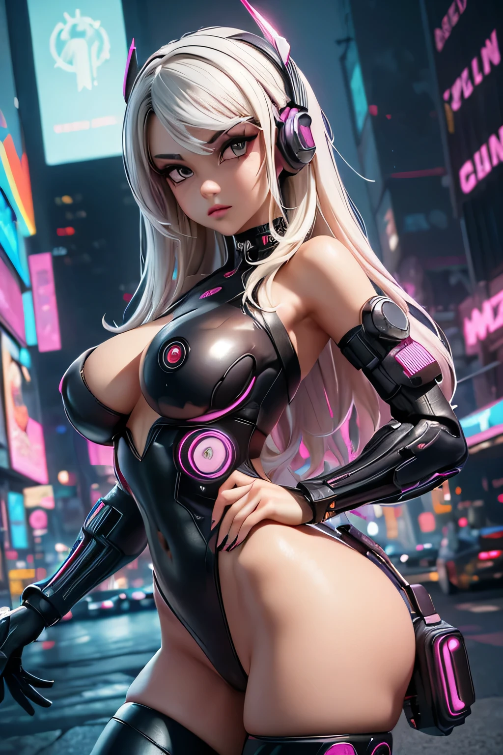 Create an image of (((fully body: 1.5))), high quality and extremely professional with the typical hentai manga illustration trend of artist Masahiro, using 8K resolution. The scene should be lit with a soft twilight light., providing a mystical and intriguing atmosphere. Use high-quality textures and realistic shadows for a stunning visual effect. Render the image with the Octane graphics engine in 3D Max or Blender to achieve a higher level of detail and realism. Image physics should have a balanced balance of black and white and use rendering sources for a polished finish. The image must be captured by the best current camera, uma Canon EOS R6 Mark II com lente RF 24-105mm f/4L IS USM, to ensure maximum sharpness and clarity. Model Description Black: ((julia paes: 1.5)), an old android: 1 Eyes: symmetrical, big teats, with long eyelashes (((Afro hair of various colors: 1,5))), gura: with lipstick, Soft Makeup Skin: Dark and Soft, with small discolored hairs Body: medium breasts, Waist slender, medium hip, heart shaped buttocks Style: Body trend Brazilian woman, ((She is dressed semi-nude in sexy Cyber Punk 2077 outfits : 1.5)), (Pose: Sensual looking at the camera with her sensual eyes: 1.5), with mouth slightly open and a sensual pose, Scenario : The background should be an external environment rich in detail and include, (((Cyberpunk City Center : 1.5))), but stylized so as not to overwhelm the model&#39;s attention. The environment should complement the twilight lighting and add depth to the composition..