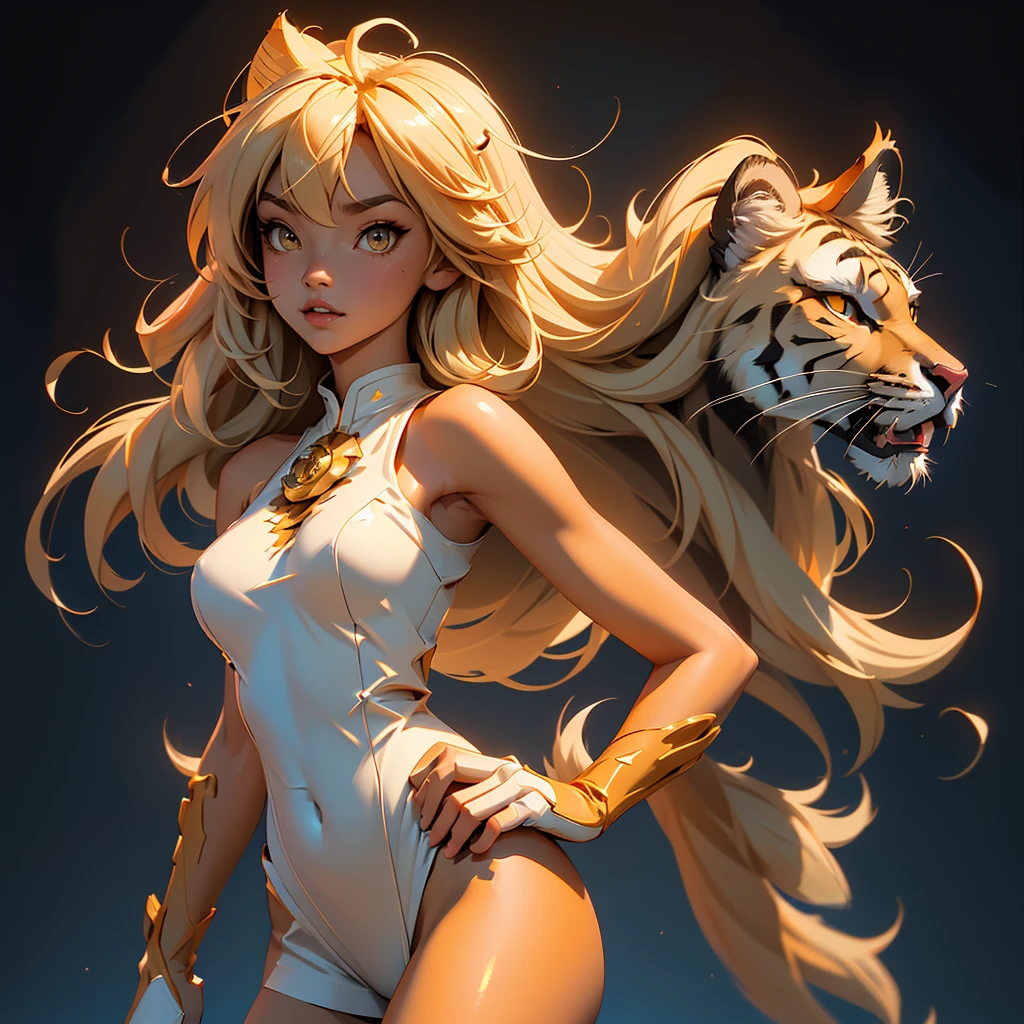 envision a 8k, highres, cinematic, beautiful full body Pinup of a cute furry female anthro, with a slender muscular body, short sleek blonde hair, long bangs, yellow eyes, Orange and White Fur, Tiger Stripes, ((((1 Girl)))), ((Flora Twokinds)), in dark lighting, against a dark gray background