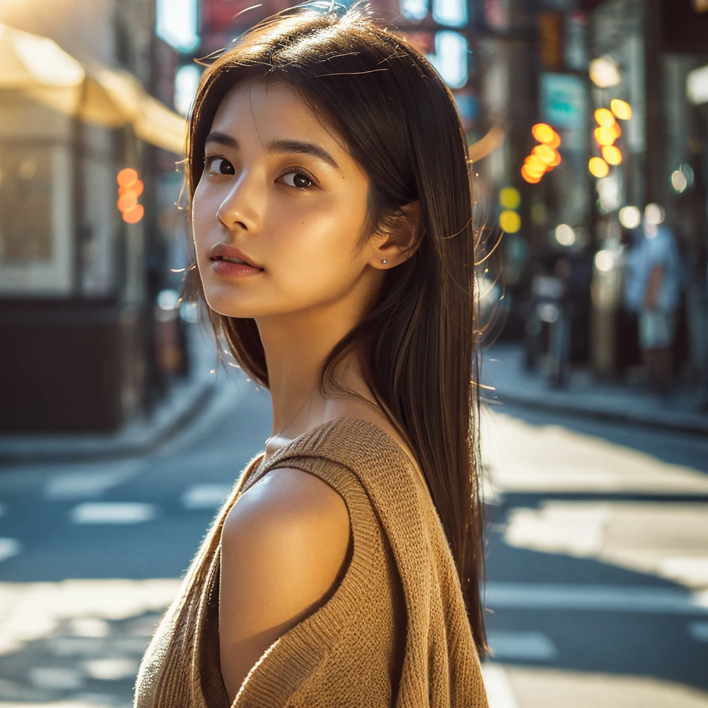 A hyper-realistic image of a single Japanese woman in her early 20s, captured from the shoulders up with the nostalgic warmth and subtle graininess of a film camera. She stands against the backdrop of a bustling city street, where soft, diffused natural light filters through buildings, casting intricate patterns of light and shadow across her face and shoulders. Her skin has a warm beige tone with a textured, realistic appearance, showing visible pores, fine lines, and natural imperfections like slight unevenness and small blemishes, adding to the authenticity of her appearance. Her straight, glossy black hair is slightly tousled, falling naturally around her shoulders, with strands catching the light. Her deep brown eyes reflect the ambient city lights, adding depth and emotion, while areas of her face are gently shadowed, highlighting the natural contours of her cheeks and jawline. The film camera effect introduces a slight grain and a softer focus, blending her figure into the warm, nostalgic urban atmosphere while maintaining the realistic texture of her skin. She is wearing a light, sleeveless summer top, with bare shoulders that subtly catch the natural light, emphasizing the season's warmth and her understated elegance. The interplay of light and shadow on her face and shoulders creates a dynamic, lifelike effect, making the image feel both authentic and captivating.