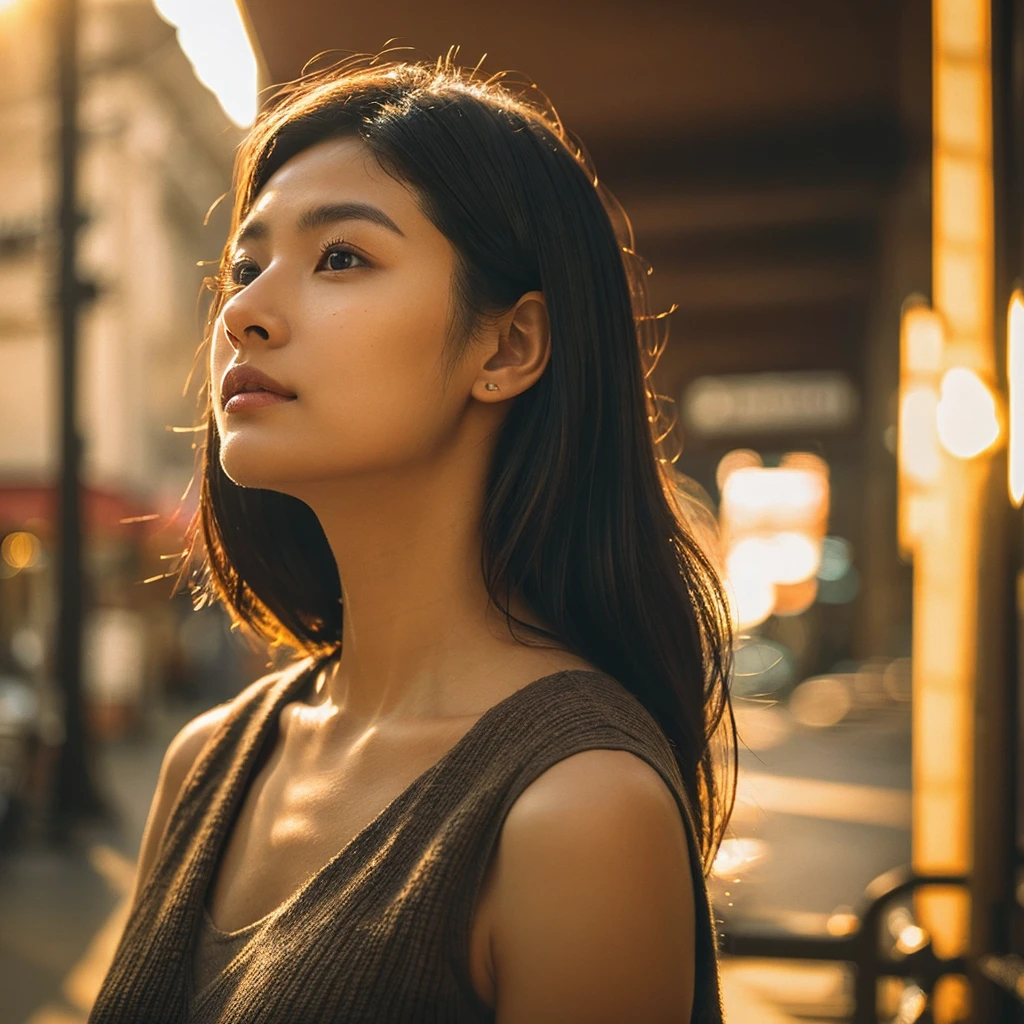 A hyper-realistic image of a single Japanese woman in her early 20s, captured from the shoulders up with the nostalgic warmth and subtle graininess of a film camera. She stands against the backdrop of a bustling city street, where soft, diffused natural light filters through buildings, casting intricate patterns of light and shadow across her face and shoulders. Her skin has a warm beige tone with a textured, realistic appearance, showing visible pores, fine lines, and natural imperfections like slight unevenness and small blemishes, adding to the authenticity of her appearance. Her straight, glossy black hair is slightly tousled, falling naturally around her shoulders, with strands catching the light. Her deep brown eyes reflect the ambient city lights, adding depth and emotion, while areas of her face are gently shadowed, highlighting the natural contours of her cheeks and jawline. The film camera effect introduces a slight grain and a softer focus, blending her figure into the warm, nostalgic urban atmosphere while maintaining the realistic texture of her skin. She is wearing a light, sleeveless summer top, with bare shoulders that subtly catch the natural light, emphasizing the season's warmth and her understated elegance. The interplay of light and shadow on her face and shoulders creates a dynamic, lifelike effect, making the image feel both authentic and captivating.