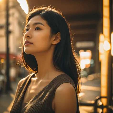 a hyper-realistic image of a single japanese woman in her early 20s, captured from the shoulders up with the nostalgic warmth an...