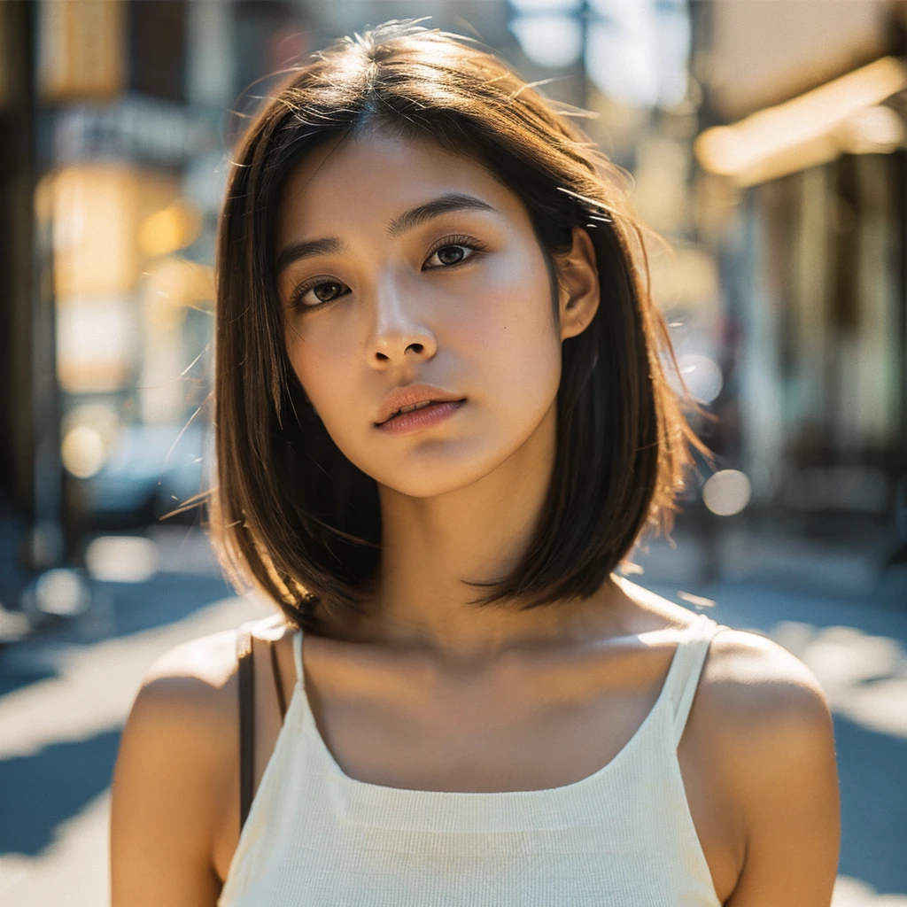 A hyper-realistic image of a single Japanese woman in her early 20s, captured from the shoulders up with the nostalgic warmth and subtle graininess of a film camera. She stands against the backdrop of a bustling city street, where soft, diffused natural light filters through buildings, casting intricate patterns of light and shadow across her face and shoulders. Her skin has a warm beige tone with a textured, realistic appearance, showing visible pores, fine lines, and natural imperfections like slight unevenness and small blemishes, adding to the authenticity of her appearance. Her straight, glossy black hair is slightly tousled, falling naturally around her shoulders, with strands catching the light. Her deep brown eyes reflect the ambient city lights, adding depth and emotion, while areas of her face are gently shadowed, highlighting the natural contours of her cheeks and jawline. The film camera effect introduces a slight grain and a softer focus, blending her figure into the warm, nostalgic urban atmosphere while maintaining the realistic texture of her skin. She is wearing a light, sleeveless summer top, with bare shoulders that subtly catch the natural light, emphasizing the season's warmth and her understated elegance. The interplay of light and shadow on her face and shoulders creates a dynamic, lifelike effect, making the image feel both authentic and captivating.