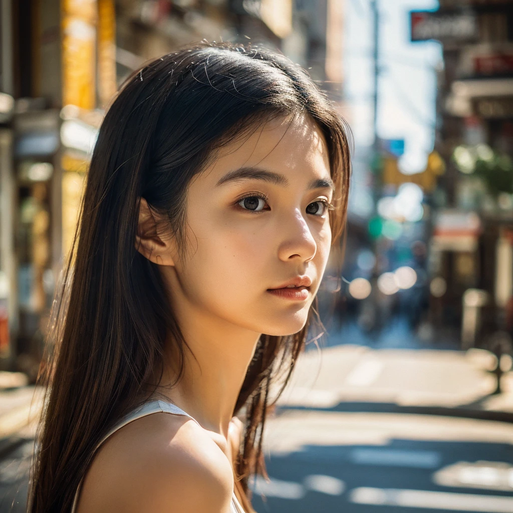 A hyper-realistic image of a single Japanese woman in her early 20s, captured from the shoulders up with the nostalgic warmth and subtle graininess of a film camera. She stands against the backdrop of a bustling city street, where soft, diffused natural light filters through buildings, casting intricate patterns of light and shadow across her face and shoulders. Her skin has a warm beige tone with a textured, realistic appearance, showing visible pores, fine lines, and natural imperfections like slight unevenness and small blemishes, adding to the authenticity of her appearance. Her straight, glossy black hair is slightly tousled, falling naturally around her shoulders, with strands catching the light. Her deep brown eyes reflect the ambient city lights, adding depth and emotion, while areas of her face are gently shadowed, highlighting the natural contours of her cheeks and jawline. The film camera effect introduces a slight grain and a softer focus, blending her figure into the warm, nostalgic urban atmosphere while maintaining the realistic texture of her skin. She is wearing a light, sleeveless summer top, with bare shoulders that subtly catch the natural light, emphasizing the season's warmth and her understated elegance. The interplay of light and shadow on her face and shoulders creates a dynamic, lifelike effect, making the image feel both authentic and captivating.