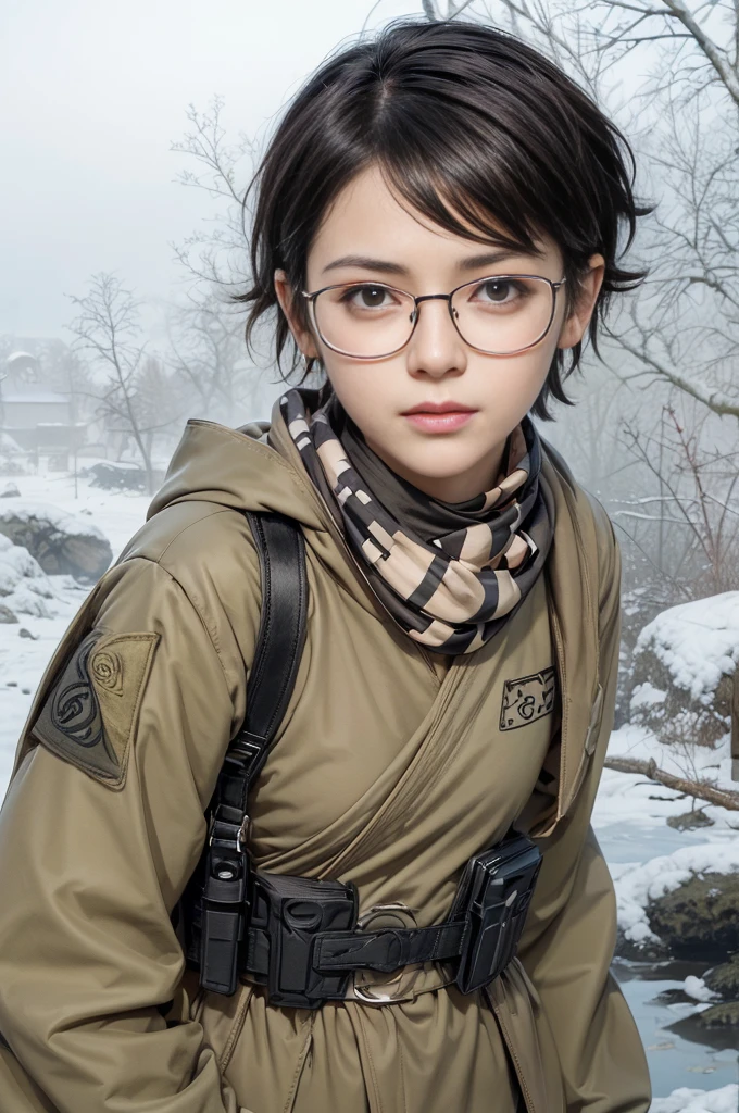 masterpiece, best quality, (realistic,photo-realistic:1.4), (RAW photo:1.2), extremely detailed CG unity 8k wallpaper, delicate and beautiful, amazing,finely detail, official art, absurdres, incredibly absurdres, huge filesize, ultra-detailed,extremely detailed eyes and face,light on face,sarada,(little smile:1.2),(black hair:1.4),(wearing tactical gear:1.5),(very short hair:1.4),nature,sarada uchiha ,(wearing black framed glasses:1.4),(nature background:1.4),(brown scarf:1.5),(amunition belt:1.4)