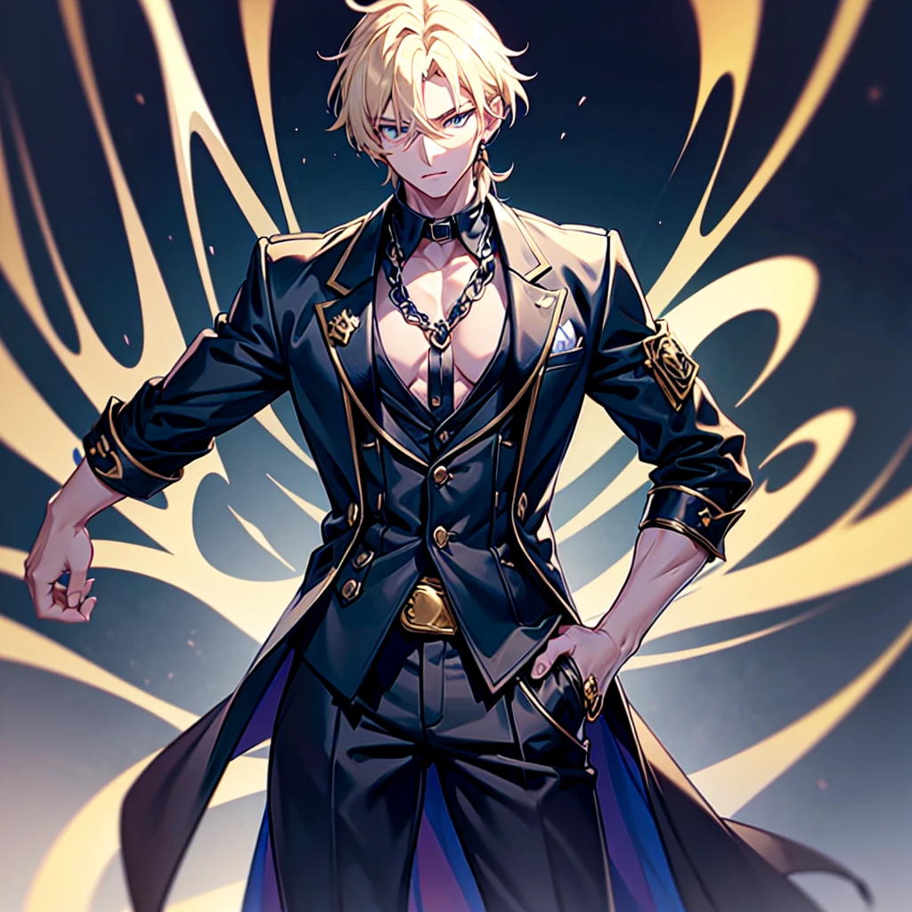 Anime attractive man, 20 year old, blonde hair, very very short ponytail, tall, muscular, solo, one person, dark blue high-collared dress shirt with rolled up sleeves, black choker, dark blazer with gold lining and buttons unbuttoned with rolled up sleeves, long dark overcoat with a fur trim, rolled up sleeves, rolled up sleeves, rolled up sleeves, rolled up sleeves muscular, masculine face black fedora