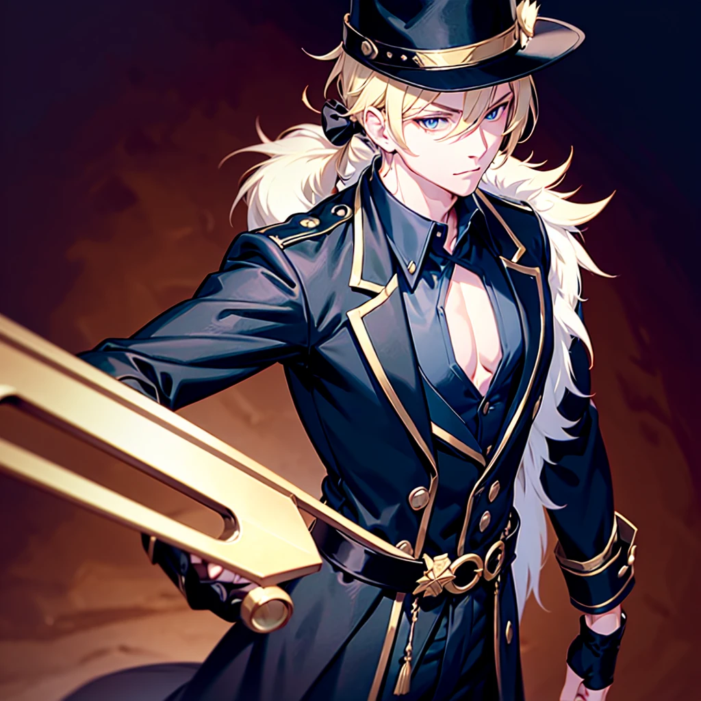 Anime attractive man, 20 year old, blonde hair, very very short ponytail, tall, muscular, solo, one person, dark blue high-collared dress shirt with rolled up sleeves, black choker, dark blazer with gold lining and buttons unbuttoned with rolled up sleeves, long dark overcoat with a fur trim, rolled up sleeves, rolled up sleeves, rolled up sleeves, rolled up sleeves muscular, masculine face. Black fedora.