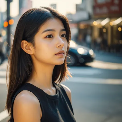 a hyper-realistic image of a single japanese woman in her early 20s, captured from the shoulders up with the nostalgic warmth an...