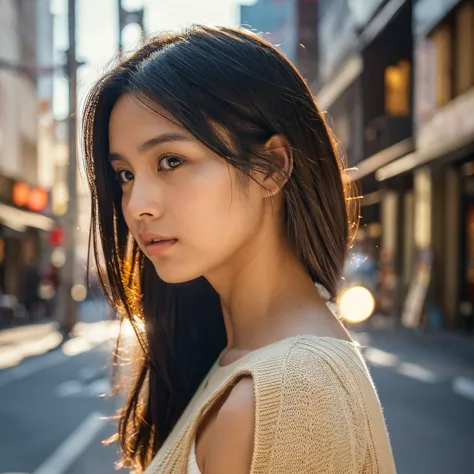 a hyper-realistic image of a single japanese woman in her early 20s, captured from the shoulders up with the nostalgic warmth an...