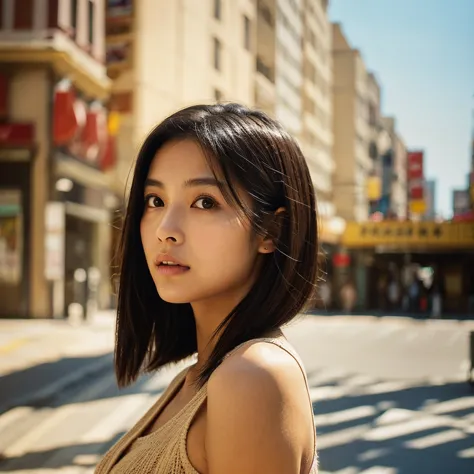 a hyper-realistic image of a single japanese woman in her early 20s, captured from the shoulders up with the nostalgic warmth an...