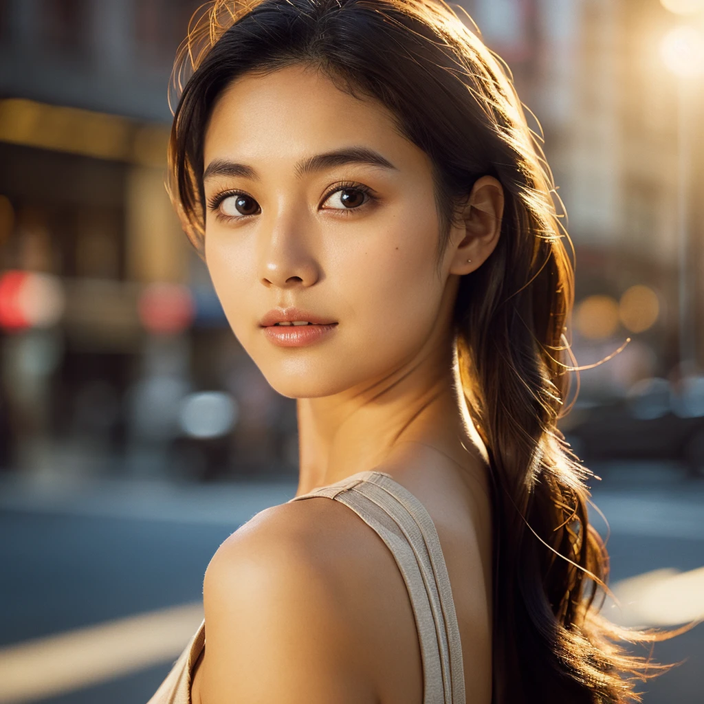 A hyper-realistic image of a single Japanese woman in her early 20s, captured from the shoulders up with the nostalgic warmth and subtle graininess of a film camera. She stands against the backdrop of a bustling city street, where soft, diffused natural light filters through buildings, casting intricate patterns of light and shadow across her face and shoulders. Her skin has a warm beige tone with a textured, realistic appearance, showing visible pores, fine lines, and natural imperfections like slight unevenness and small blemishes, adding to the authenticity of her appearance. Her straight, glossy black hair is slightly tousled, falling naturally around her shoulders, with strands catching the light. Her deep brown eyes reflect the ambient city lights, adding depth and emotion, while areas of her face are gently shadowed, highlighting the natural contours of her cheeks and jawline. The film camera effect introduces a slight grain and a softer focus, blending her figure into the warm, nostalgic urban atmosphere while maintaining the realistic texture of her skin. She is wearing a light, sleeveless summer top, with bare shoulders that subtly catch the natural light, emphasizing the season's warmth and her understated elegance. The interplay of light and shadow on her face and shoulders creates a dynamic, lifelike effect, making the image feel both authentic and captivating.