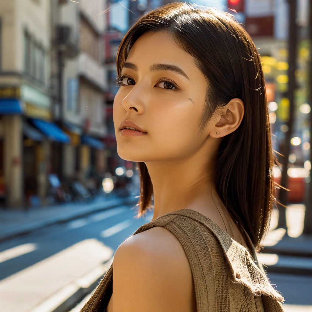 A hyper-realistic image of a single Japanese woman in her early 20s, captured from the shoulders up with the nostalgic warmth and subtle graininess of a film camera. She stands against the backdrop of a bustling city street, where soft, diffused natural light filters through buildings, casting intricate patterns of light and shadow across her face and shoulders. Her skin has a warm beige tone with a textured, realistic appearance, showing visible pores, fine lines, and natural imperfections like slight unevenness and small blemishes, adding to the authenticity of her appearance. Her straight, glossy black hair is slightly tousled, falling naturally around her shoulders, with strands catching the light. Her deep brown eyes reflect the ambient city lights, adding depth and emotion, while areas of her face are gently shadowed, highlighting the natural contours of her cheeks and jawline. The film camera effect introduces a slight grain and a softer focus, blending her figure into the warm, nostalgic urban atmosphere while maintaining the realistic texture of her skin. She is wearing a light, sleeveless summer top, with bare shoulders that subtly catch the natural light, emphasizing the season's warmth and her understated elegance. The interplay of light and shadow on her face and shoulders creates a dynamic, lifelike effect, making the image feel both authentic and captivating.