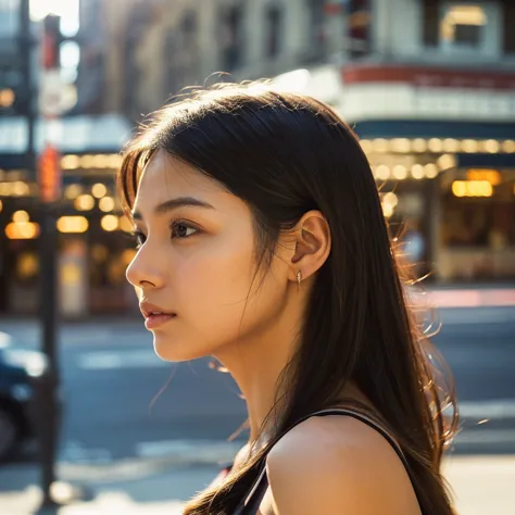 a hyper-realistic image of a single japanese woman in her early 20s, captured from the shoulders up with the nostalgic warmth an...