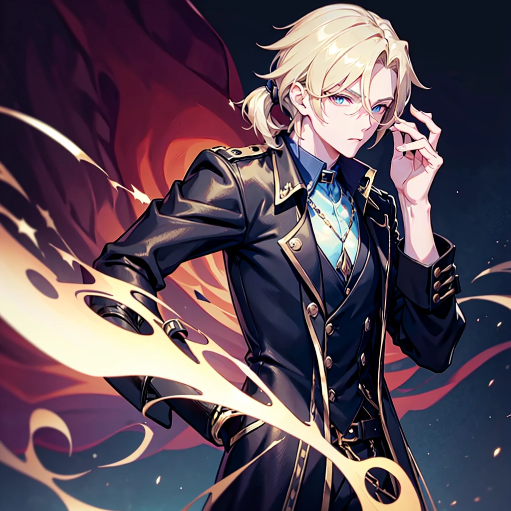 Anime attractive man, 20 year old, blonde hair, very very short ponytail, tall, muscular, solo, one person, dark blue high-collared dress shirt with rolled up sleeves, black choker, dark blazer with gold lining and buttons unbuttoned with rolled up sleeves, long dark overcoat with a fur trim, rolled up sleeves, rolled up sleeves, rolled up sleeves, rolled up sleeves muscular, masculine face. Black fedora.