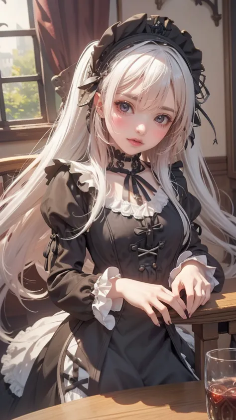 1 girl, on the table, superlative, high resolution, (gothic_lolita:1.4), stocking, white hair