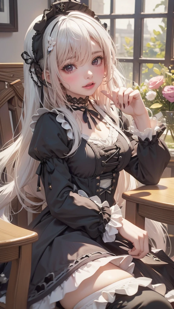 1 Girl, On the table, superlative, high resolution, (Gothic_Lolita:1.4), stocking, White hair