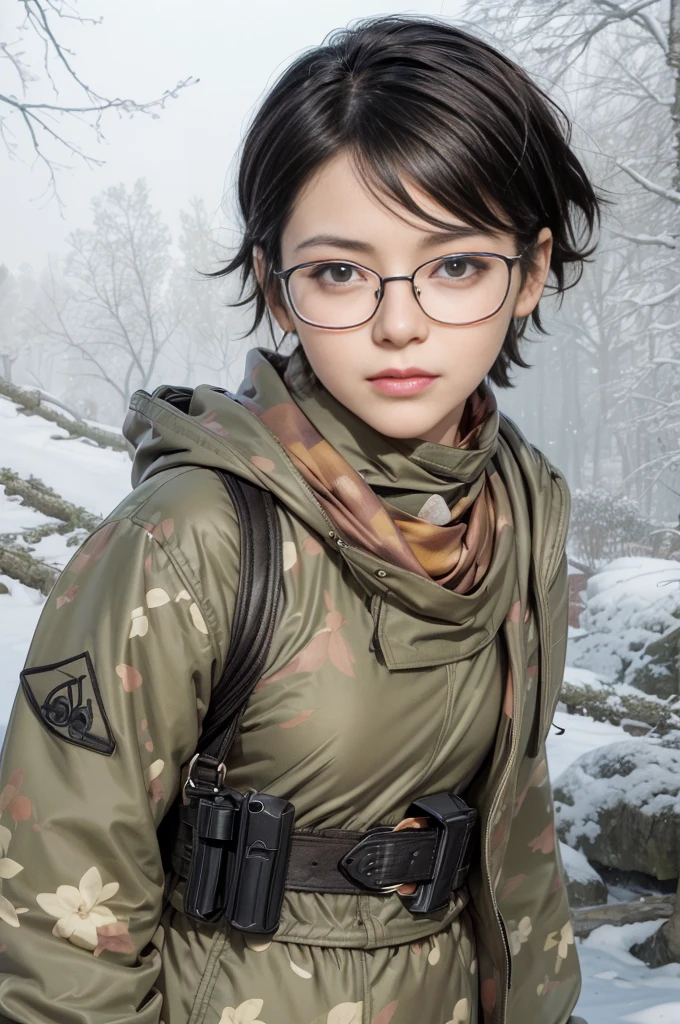 masterpiece, best quality, (realistic,photo-realistic:1.4), (RAW photo:1.2), extremely detailed CG unity 8k wallpaper, delicate and beautiful, amazing,finely detail, official art, absurdres, incredibly absurdres, huge filesize, ultra-detailed,extremely detailed eyes and face,light on face,sarada,(little smile:1.2),(black hair:1.4),(wearing tactical gear:1.5),(very short hair:1.4),nature,sarada uchiha ,(wearing black framed glasses:1.4),(nature background:1.4),(brown scarf:1.5),(amunition belt:1.4),(hooded coat:1.5)