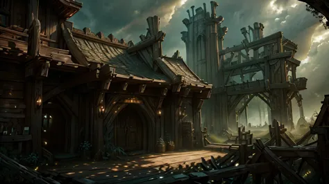 a tall wooden entrance portal, wide, ruins, overgrown, detailed, cinematic lighting, dramatic clouds, volumetric lighting, atmos...