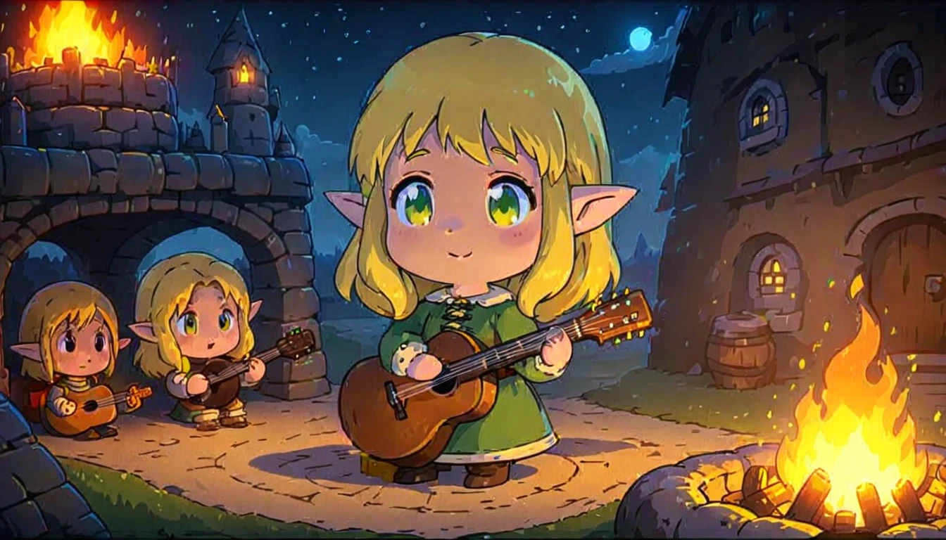 The world of fantasy games, Medieval European outdoor taverns, Soft Light, cute, Adorable, Animation Style, Relaxed atmosphere, Dreamland, Beautiful adult female elf playing a wooden guitar, Blonde, In front of the bonfire, Night atmosphere, Spillover, Beautiful Face, 8k, High resolution, super high quality, Clear lines, Animation Style,