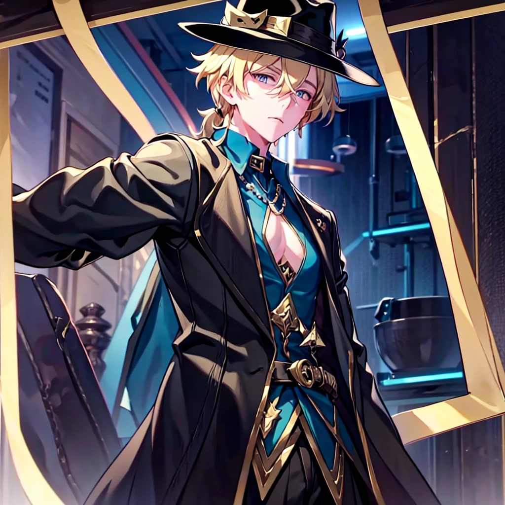 Anime attractive man, 20 year old, blonde hair, very very short ponytail, tall, muscular, solo, one person, dark blue high-collared dress shirt with rolled up sleeves, black choker, dark blazer with gold lining and buttons unbuttoned with rolled up sleeves, long dark overcoat with a fur trim, rolled up sleeves, rolled up sleeves, rolled up sleeves, rolled up sleeves muscular, masculine face. Black fedora, fedora, black fedora, hat, fedora