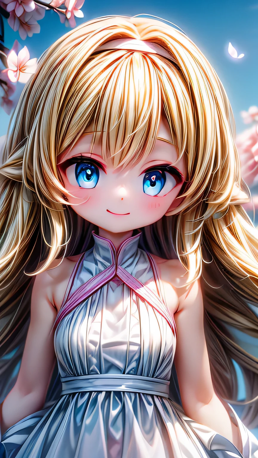 (CG unity 8k wallpaper extremely detailed) (Better Quality) (Better lighting) (an extremely delicate and beautiful) (floating) (beautiful) (Spring atmosphere) (One girl) (Long blonde hair), (hair band), (detailed and beautiful blue eyes), ((Very short white dress, pink race underside), (race), ((Lightweight and transparent silk))), (Cherry blossom petals), (butterfly), (Depth of written boundary), (Volumetric Light) Cinema Lighting, chromatic aberration, Sony FE GM, Textured skin, Attention to detail, High resolution, 8k､super big breasts sexy､masterpiece, 最high quality, high quality, High resolution､With a smile､((Upper body portrait))), (Pause＿random), 