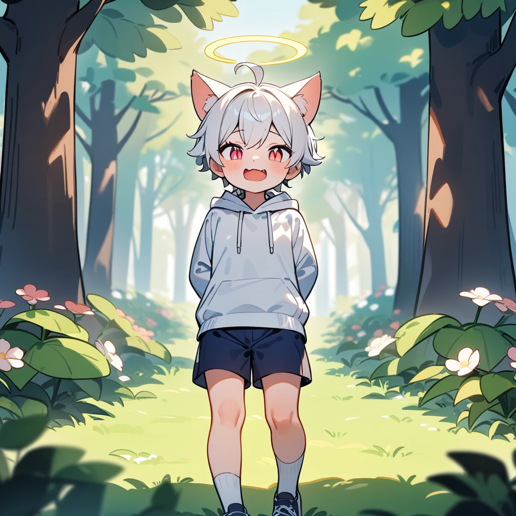 （masterpiece：1.2，high quality），8K，High resolution，A seven-year-old boy，cute boy，white hair，short hair，light red eyes，slit pupils， ahoge，cat ears，laughing，Halo，It has black wings on the back，Wearing a white hoodie，Dark blue shorts，Stand in the forest，There are flowering trees on both sides.，primary school student，thigh，alone，((Hands behind your back))