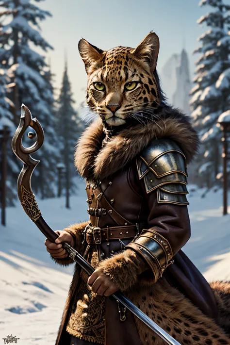 duelist tabaxi female tan spotted fur tabaxi leopard, thin build, wearing a gambeson armor ,wralding a rapire , wearing a hat wi...