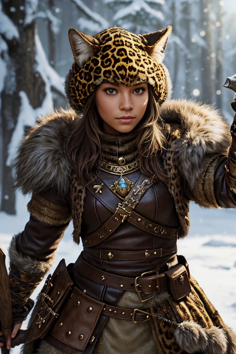 Duelist tabaxi female tan spotted fur tabaxi leopard, thin build, wearing a gambeson armor ,wralding a rapire , wearing a hat with a feather  holding a gnarled staff adorned with mushrooms and bone, realistic render, Dungeons and Dragons, Fantasy, octane render, zbrush. Character design, photorealistic, unreal engine, hyper-detailed, concept art, trending on art station. ((best quality)), ((masterpiece)), ((realistic)), (detailed), close up portrait, full body portrait, , highly detailed fur, looking at the viewer, Fantasy art, stunning gradient colors, no watermark signature, closed mouth, detailed background, snowy background, closed mouth, insanely detailed, ((masterpiece)), absurdres, HDR.