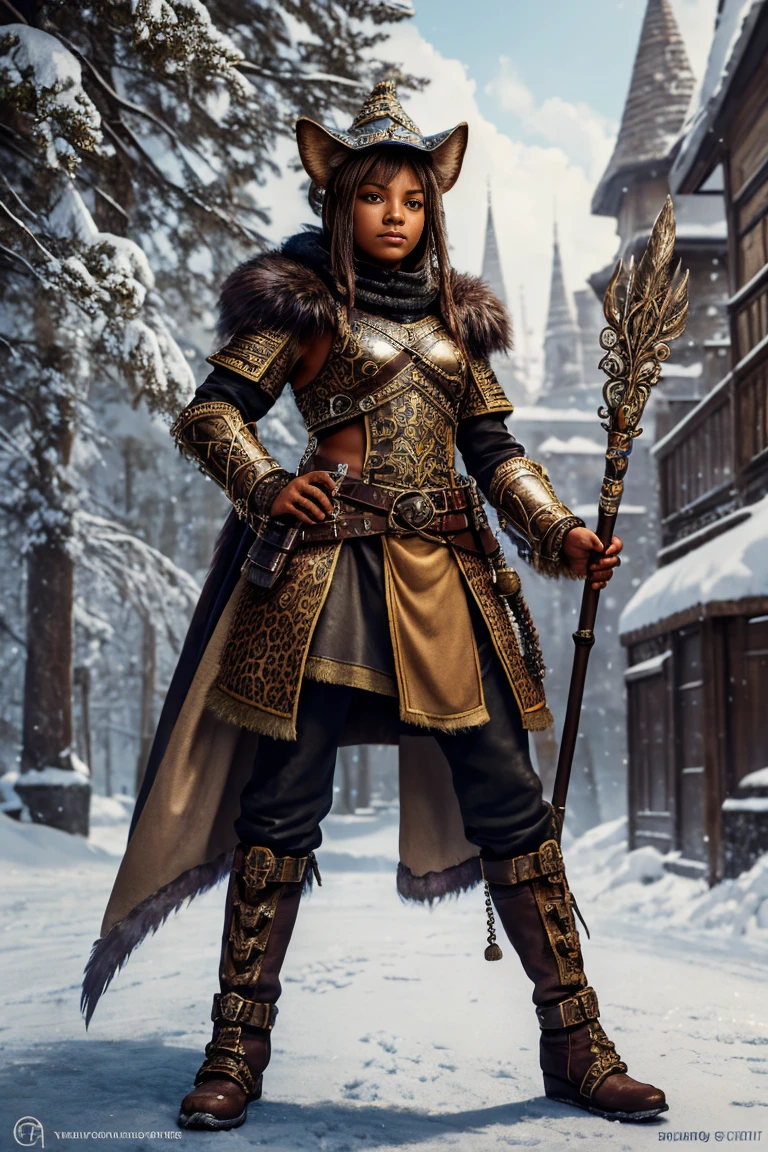 Duelist tabaxi female tan spotted fur tabaxi leopard, thin build, wearing a gambeson armor ,wralding a rapire , wearing a hat with a feather  holding a gnarled staff adorned with mushrooms and bone, realistic render, Dungeons and Dragons, Fantasy, octane render, zbrush. Character design, photorealistic, unreal engine, hyper-detailed, concept art, trending on art station. ((best quality)), ((masterpiece)), ((realistic)), (detailed), close up portrait, full body portrait, , highly detailed fur, looking at the viewer, Fantasy art, stunning gradient colors, no watermark signature, closed mouth, detailed background, snowy background, closed mouth, insanely detailed, ((masterpiece)), absurdres, HDR.