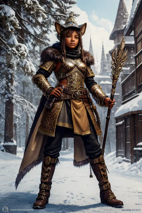 duelist tabaxi female tan spotted fur tabaxi leopard, thin build, wearing a gambeson armor ,wralding a rapire , wearing a hat wi...