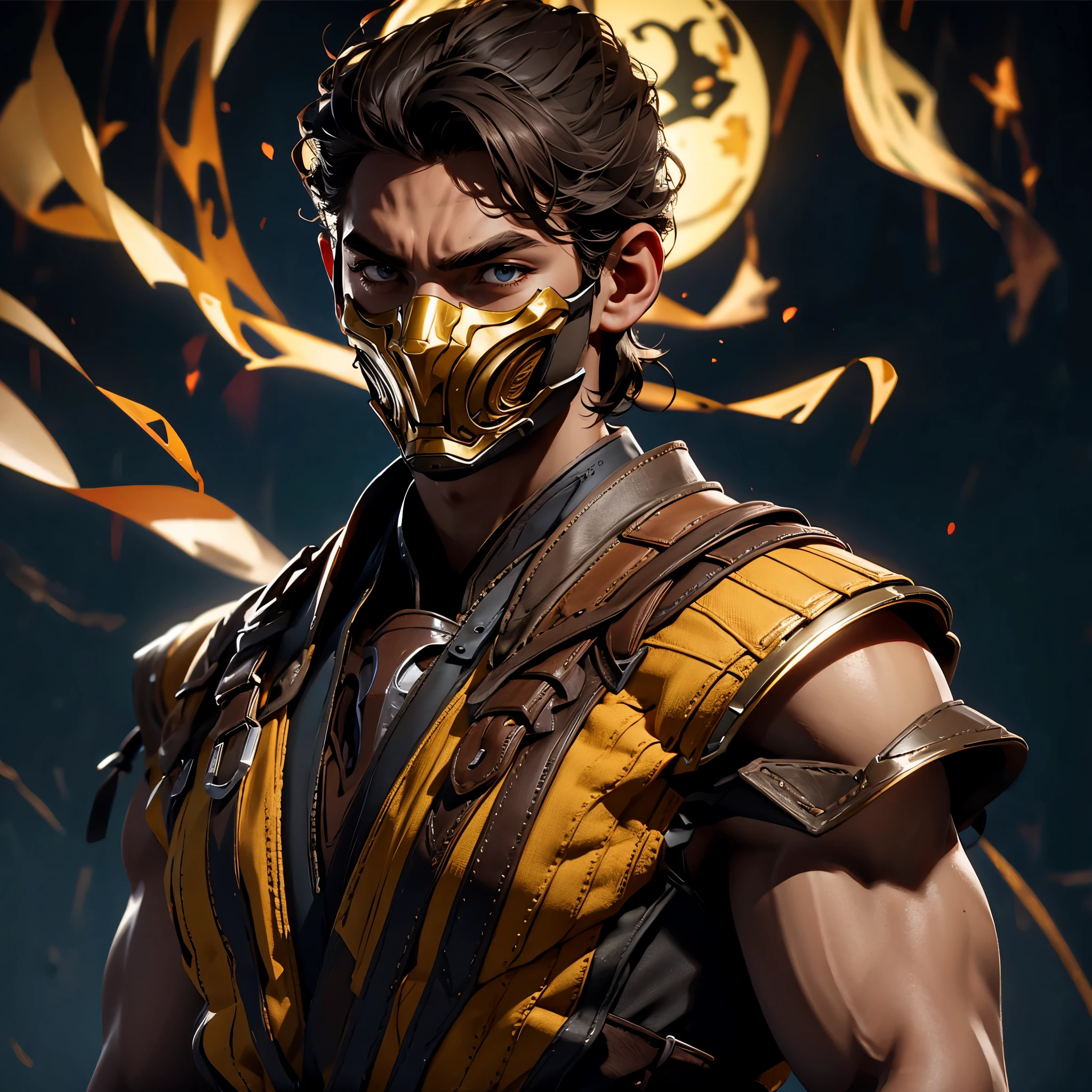 envision a 8k, highres, cinematic, detailed, semi realistic close up face pinup of Scorpion, (((1boy))), in dark lighting, against a dark background