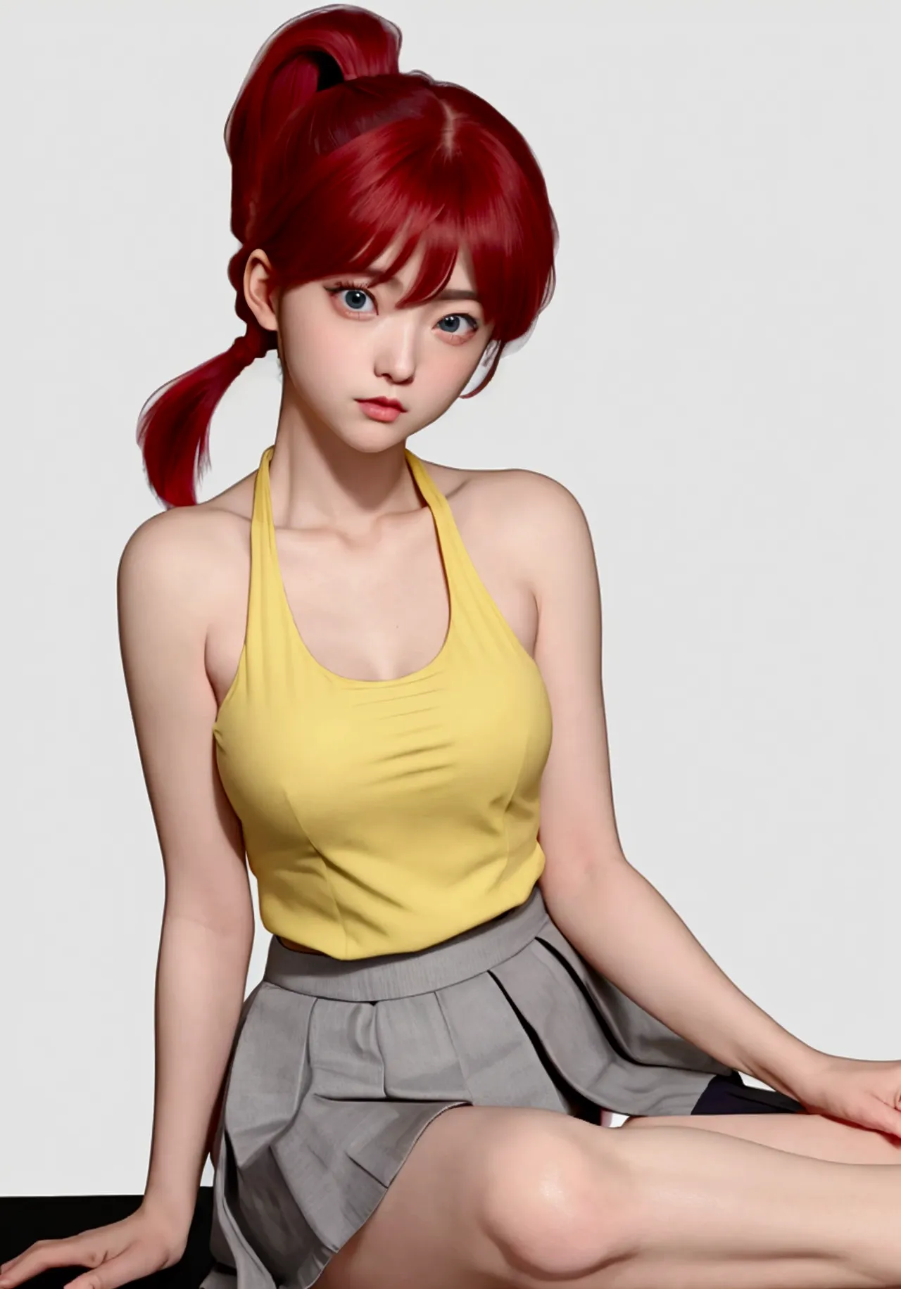 create female ranma, make a girl,clear contours, color full-body photo, (beautiful and delicate eyes), (nice face:1.3), childish...