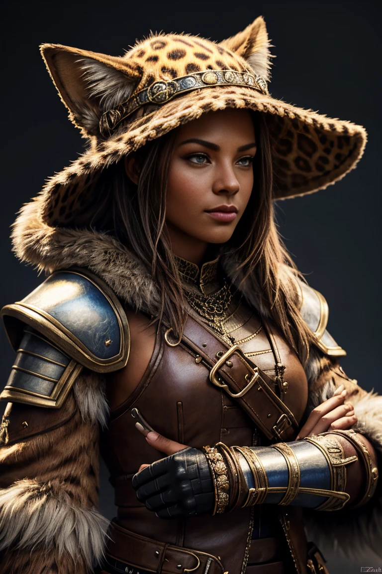 Duelist tabaxi female tan spotted fur tabaxi leopard, thin build, wearing a gambeson armor ,wralding a rapire , wearing a hat with a feather , realistic render, Dungeons and Dragons, Fantasy, octane render, zbrush. Character design, photorealistic, unreal engine, hyper-detailed, concept art, trending on art station. ((best quality)), ((masterpiece)), ((realistic)), (detailed), close up portrait, full body portrait, , highly detailed fur, looking at the viewer, Fantasy art, stunning gradient colors, no watermark signature, closed mouth, detailed background, snowy background, closed mouth, insanely detailed, ((masterpiece)), absurdres, HDR.